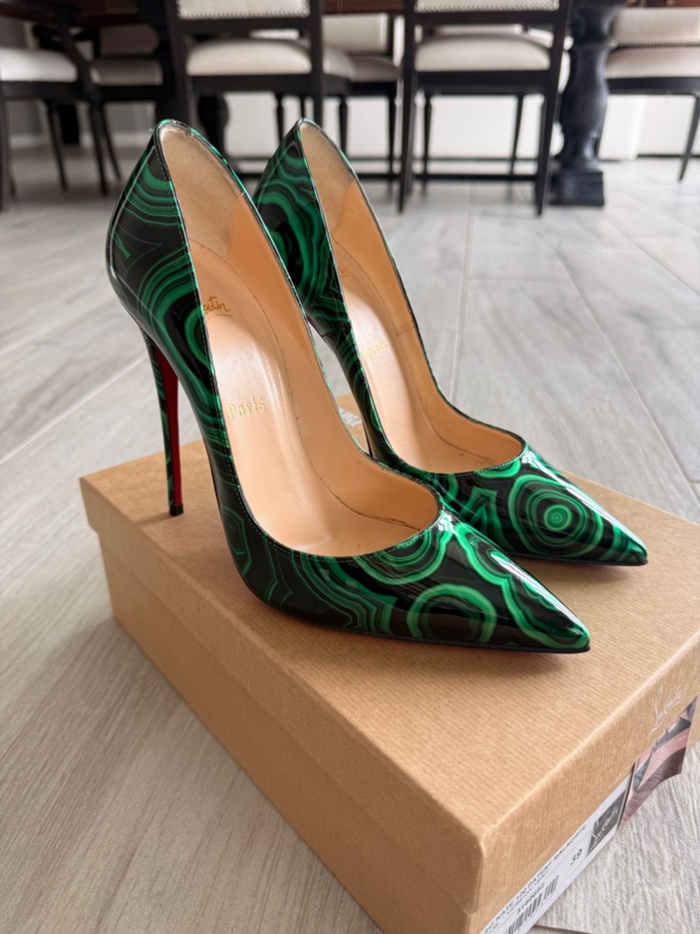 Christian Louboutin Green Patent Malachite-Pattern Pointed-Toe Pumps